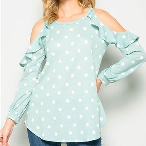 Mint Polka Dot Cold Shoulder Top